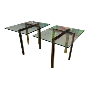 Pair of Glass and Brass and Smoked Chrome Solid Steel Side Tables