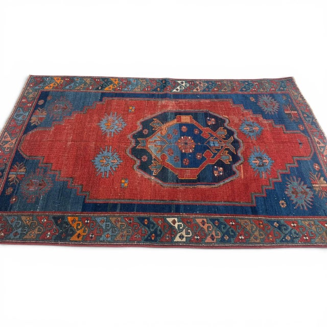 1930s Antique Kazak Rug | Bold Red Field With Blue Medallion | 4x6 For Sale - Image 5 of 5