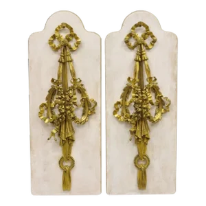 19th Century French Louis XV Gold Gilt Bronze Ribbon Drape Large Wall Plaque Sconces - a Pair