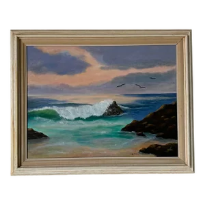 80's Vintage M. St. Onge Coastal Sunset Oil Painting, Framed