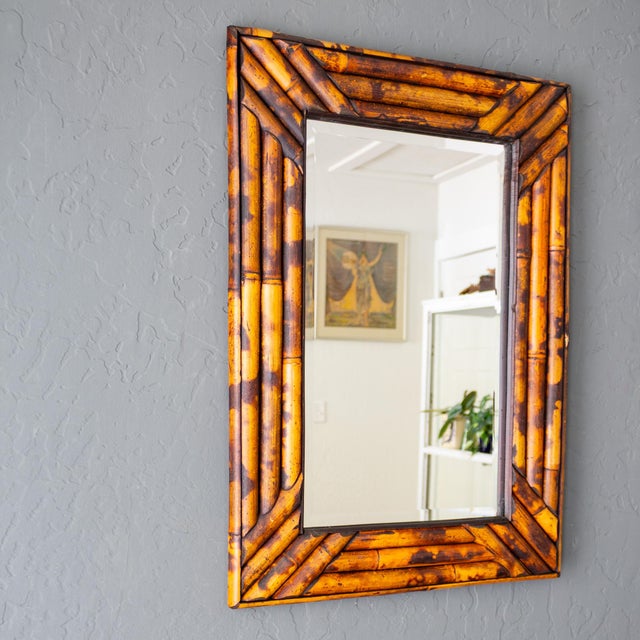 Vintage Tortoise Shell Burnt Bamboo Bevelled Mirror For Sale - Image 12 of 15