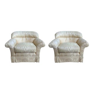 20th Century Upholstered Club Chairs in a Yellow Damask Fabric - a Pair For Sale