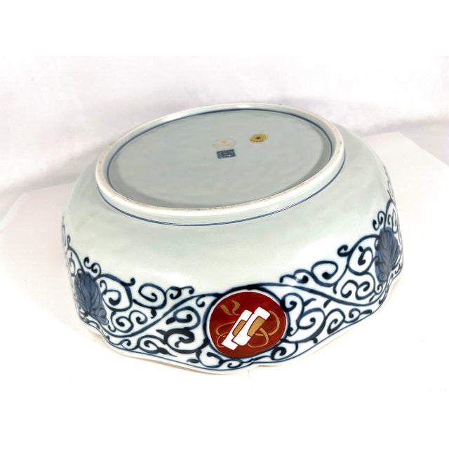 White Vintage Japanese Red, Blue and Whtie Imari Decorative Large Bowl With Gold Detailing For Sale - Image 8 of 10