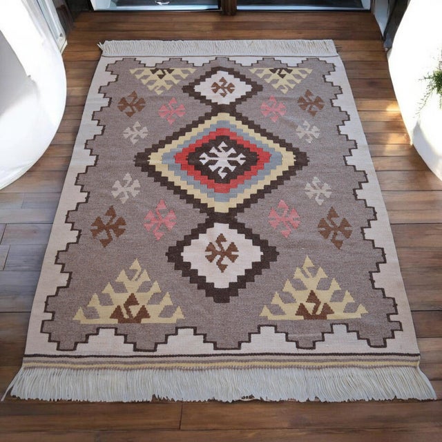 Mid-Century Modern 1980s Navajo Style Kilim Rug Hand Woven Flat Weave Area Rug 3x4 Ft For Sale - Image 3 of 15