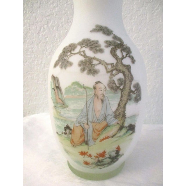 Generous size Norleans mid-century white satin frosted glass vase featuring an Asian transferware motif in soft multicolor...