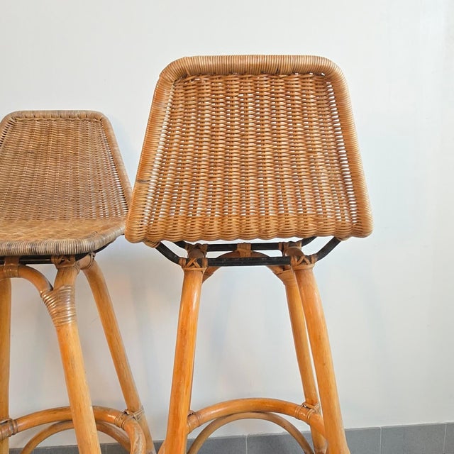Vintage Rattan and Bamboo Bar Stools by Dirk van Sliedgert, 1950s, Set of 2 For Sale - Image 11 of 15