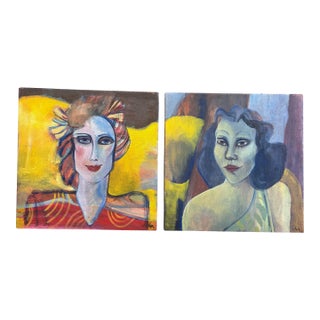 Mid 20th Century Pair of Modern Figurative Portrait Paintings, Signed George King, 20in Square For Sale