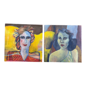 Mid 20th Century Pair of Modern Figurative Portrait Paintings, Signed George King, 20in Square