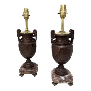 Antique Pair French Bronzed Townley Pair Table Lamps Rouge Marble Grand Tour 19c For Sale