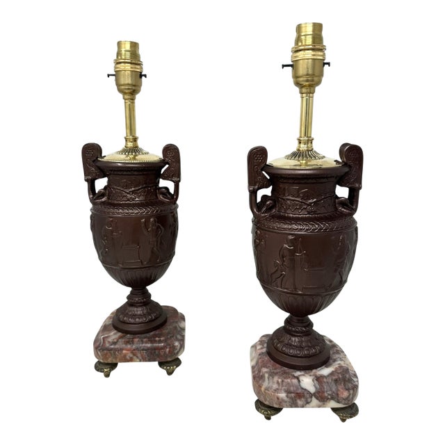 Antique Pair French Bronzed Townley Pair Table Lamps Rouge Marble Grand Tour 19c For Sale