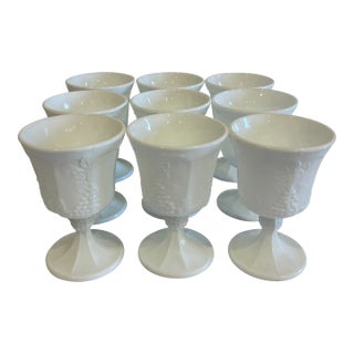 Vintage White Milk Glass Grape & Vine Pedestal Goblets, Set of 9 For Sale