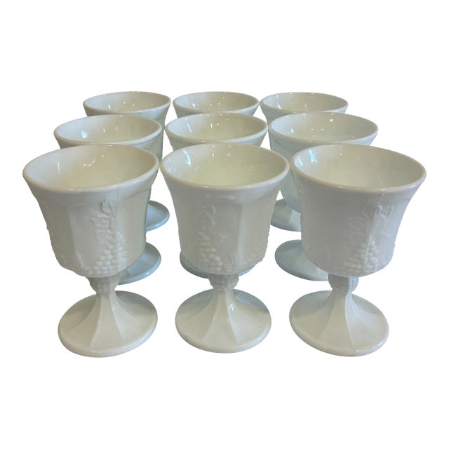Vintage White Milk Glass Grape & Vine Pedestal Goblets, Set of 9 For Sale