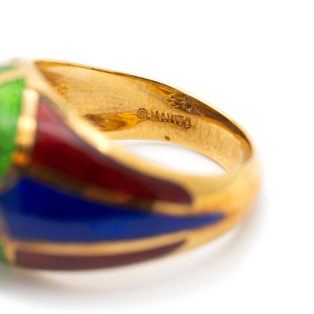 Metal Vintage Mavito New York 18K Yellow Gold Amethyst Blue Green Enamel Cocktail Ring Size 6 For Sale - Image 7 of 8