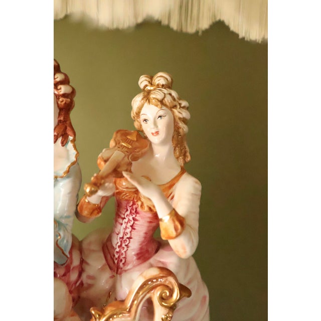 Ceramic Vintage Italian Figural Porcelain Lamp With Fringed Shade - Courting Musicians Quartet For Sale - Image 7 of 10