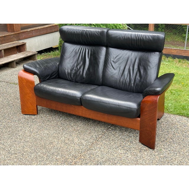 Animal Skin Ekornes Stressless Reclining Leather Loveseat Sofa For Sale - Image 7 of 10