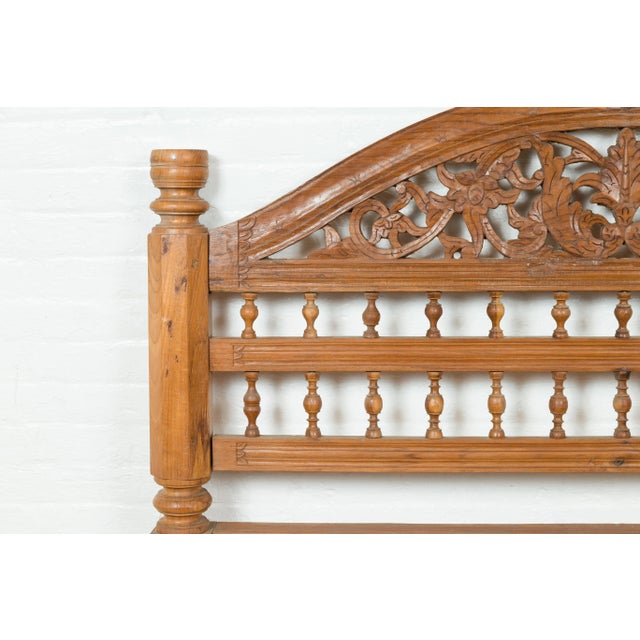 Wood Vintage Carved Indonesian Headboard with Scrolling Foliage and Petite Balusters For Sale - Image 7 of 12