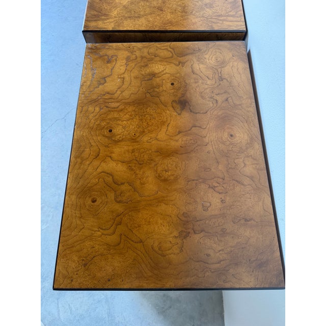 1970s Pair of Vintage John Widdicomb Burl Wood Veneer & Brass Nightstands/ Sold For Sale - Image 5 of 12