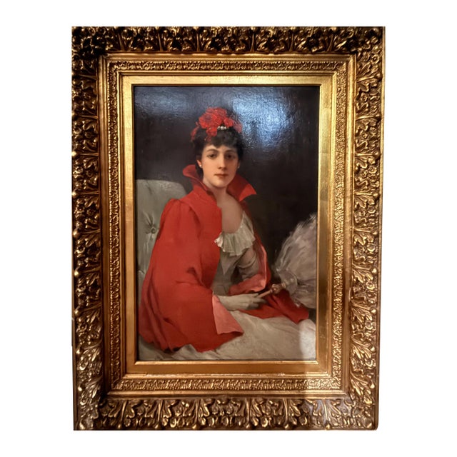 1900s 42" Signed William Henry Hyde Ana Gilded Age Oil Portrait, Socialite in Red Cloak and Ostrich Fan, Antique Gold Frame, Museum Quality For Sale