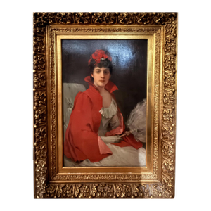 1900s 42" Signed William Henry Hyde Ana Gilded Age Oil Portrait, Socialite in Red Cloak and Ostrich Fan, Antique Gold Frame, Museum Quality