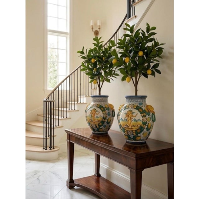 Ceramic A Pair of Vintage Italianate Majolica Ceramic Urns With Putti & Lion Ring Handles For Sale - Image 7 of 10