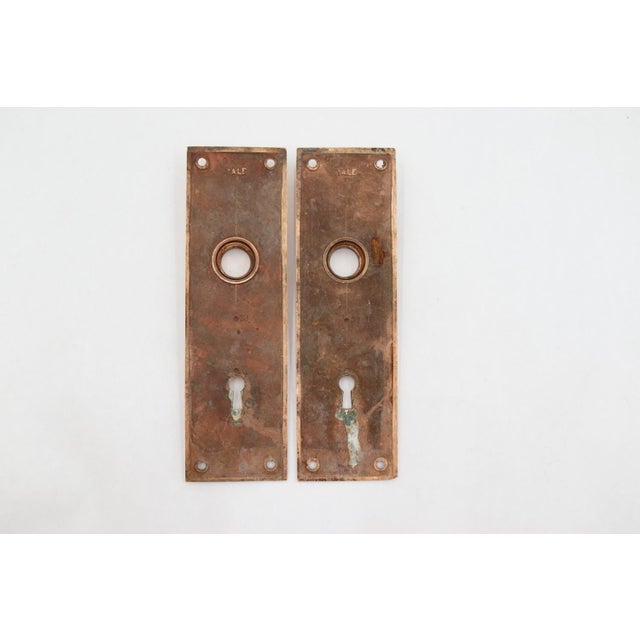 Classic pair of door back plates made of polished brass with a warm tone. Made by Yale & Towne. The original mounting...
