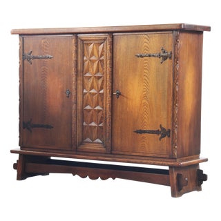 Vintage Baroque Brutalist Danish Oak Cabinet, 1960s For Sale