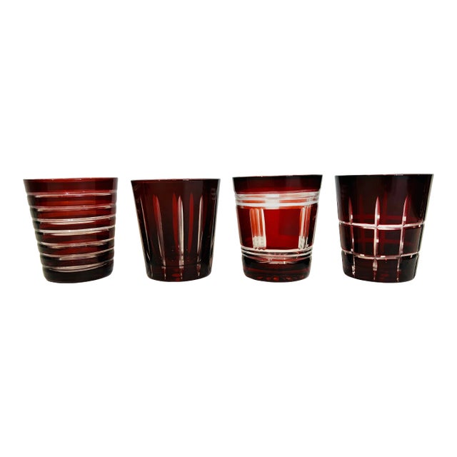 Festive Sur La Table Cranberry Handcut Glass Glassware Tumblers - Set of 4 For Sale