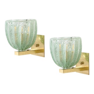 Modernist Hand-Blown Sea Green Fluted Pulegoso Murano Glass & Brass Sconces For Sale