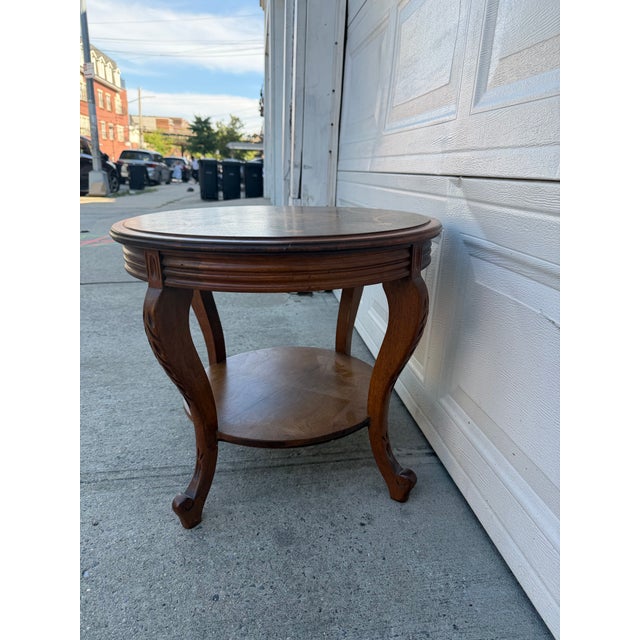 Wood Vintage French Louis XV Style Round Marquetry Side Table With Floral Inlay & Lower Shelf For Sale - Image 7 of 12