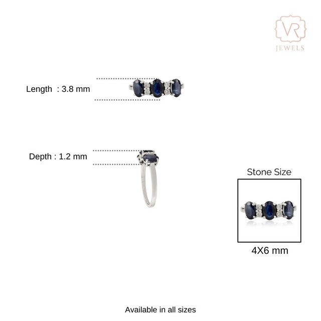 1.67Ct Blue Sapphire & Diamond Three-Stone Ring Size 7 in 14k White Gold For Sale - Image 9 of 14