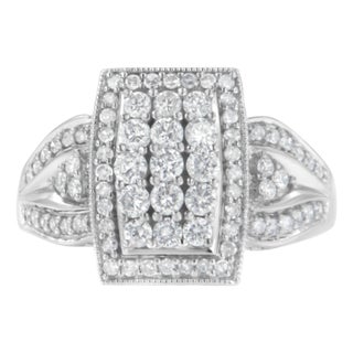 10K White Gold 1.0 Cttw Diamond Rectangular Cushion Shaped Cluster Halo Flared Band Cocktail Fashion Ring (H-I Color, SI2-I1 Clarity) - Size 7 For Sale