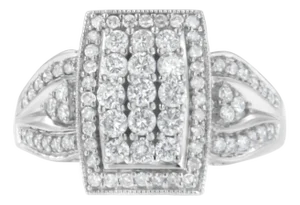 10K White Gold 1.0 Cttw Diamond Rectangular Cushion Shaped Cluster Halo Flared Band Cocktail Fashion Ring (H-I Color, SI2-I1 Clarity) - Size 7