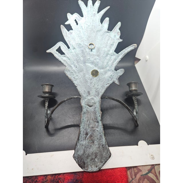 American Vintage Solid Brass Metal Wheat Candle Holder Wall Sconce Verdigris Patina For Sale - Image 3 of 5