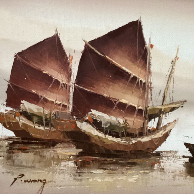 Vintage Painting of Mixed Media Chinese Junk Boats by Paul Wong Framed For Sale - Image 4 of 12
