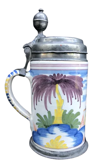 18th Century German Faience Polychrome Pewter-Mounted Tankard in Columnar Form