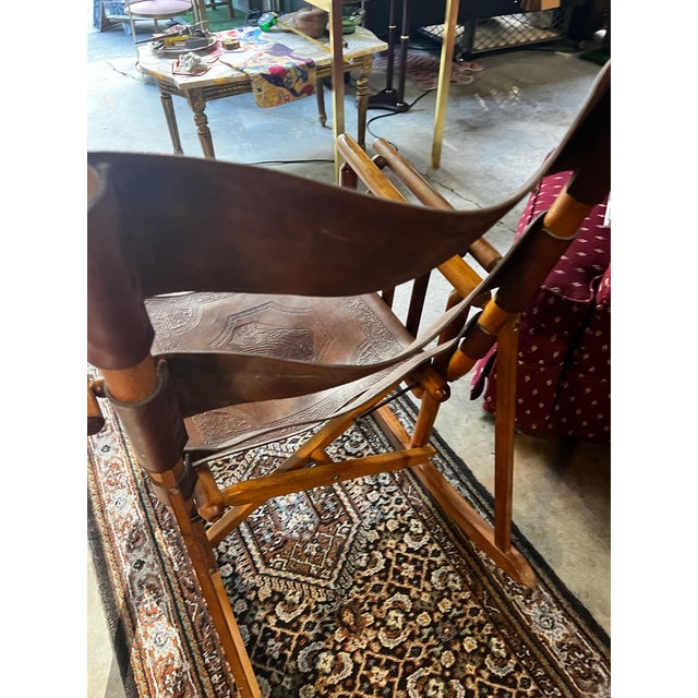 Wooden and Leather Handmade Rocking Chair With Costa Rica Birds Design For Sale - Image 4 of 12