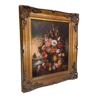 Still Life Floral Acrylic on Canvas Painting Antiqued Wood Frame Signed For Sale
