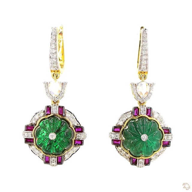 Modern 0.32 Carat Rose Cut Diamond Emerald Ruby Gold Earrings, Pair For Sale - Image 3 of 9