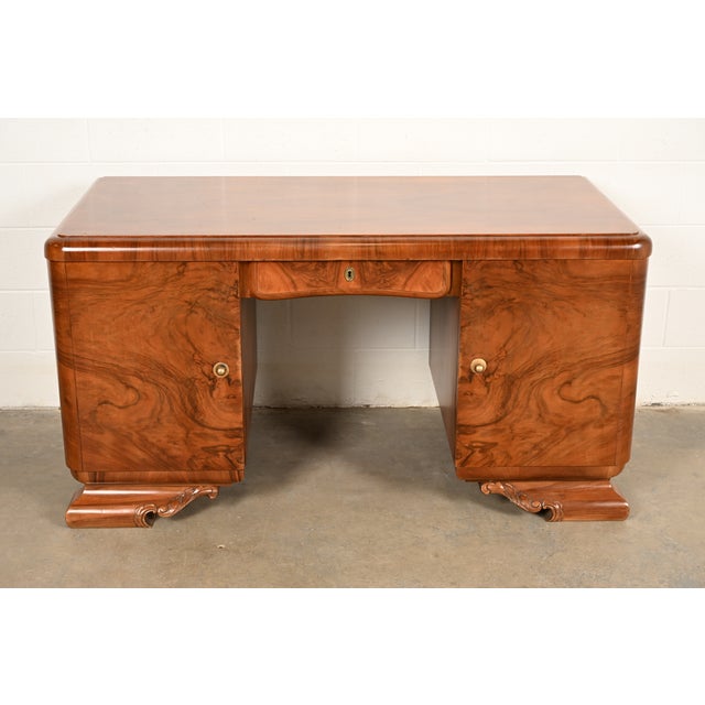 Art Deco Louis Majorelle Style Antique French Art Deco Burled Walnut Executive Desk | Circa 1930s For Sale - Image 3 of 12