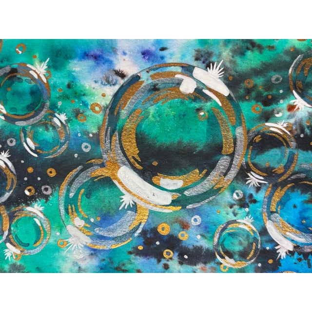 A vibrant fusion of teal, turquoise, indigo, and shimmering gold, this abstract composition evokes the feeling of rising...
