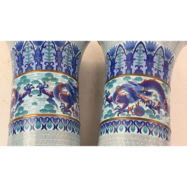 Pair of Chinese Cloisonne Enamel Trumpet Form Vases Blue Dragon Motif For Sale - Image 9 of 10