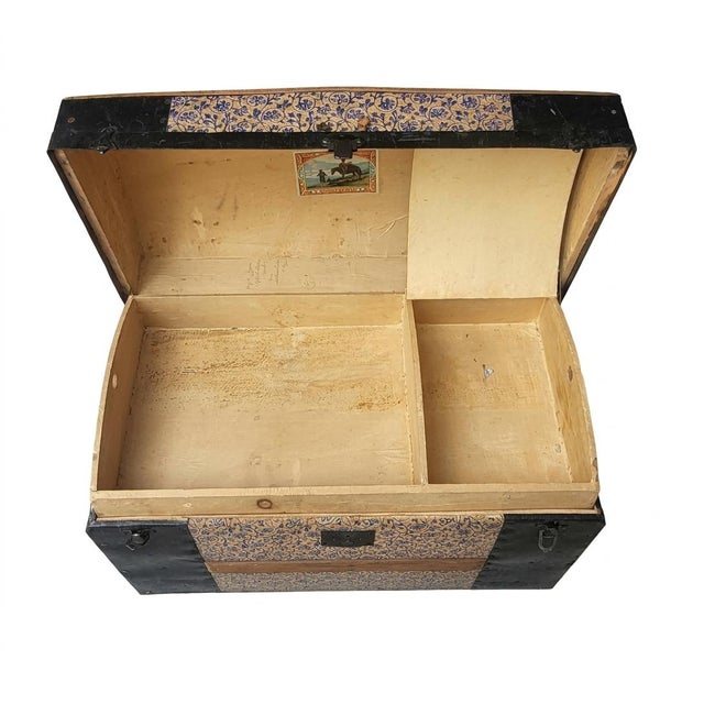 Late 19th Century Victorian Dome-Top Steamer Trunk - Blue & Gold Floral Embossed Tin For Sale In Las Vegas - Image 6 of 11