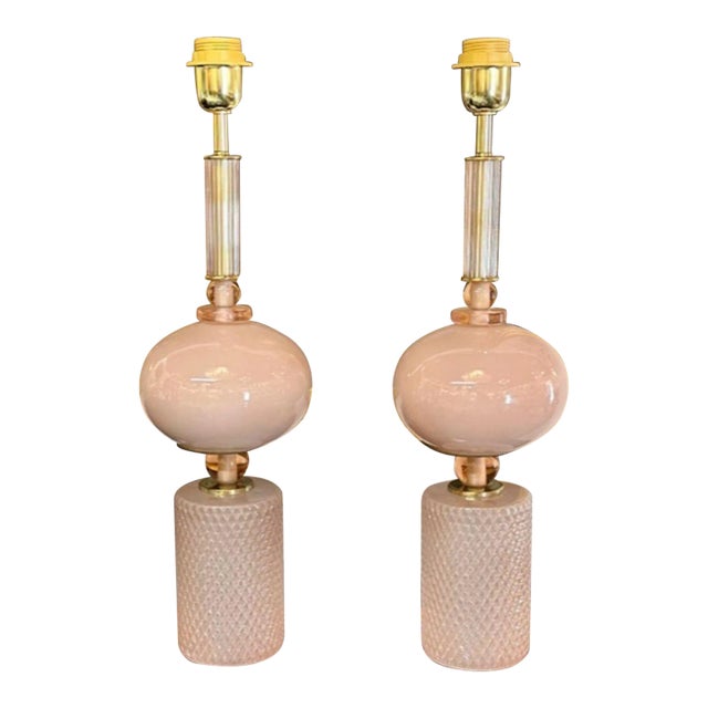 Pair of Modern Pink Murano Glass Lamps For Sale