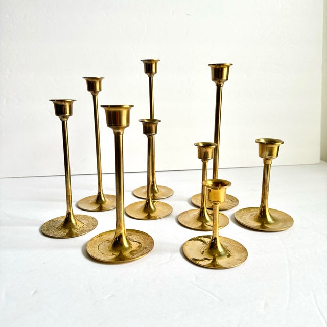Mid-Century Modern MCM Brass Graduated Tulip Style Candlestick Holders Vintage Taper Candle Holders Set of 9 For Sale - Image 3 of 9