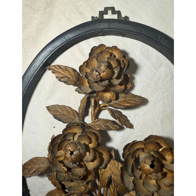 1920s Pair Handmade Antique Chinese Gilt Wrought Iron Wood Flower Wall Art Sculptures For Sale - Image 5 of 14