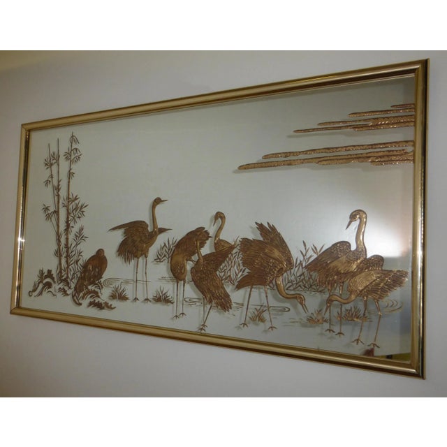 Hollywood Regency Vintage Oriental Asian Hollywood Regency Wall Mirror W Etched Gold Crane Birds For Sale - Image 3 of 13