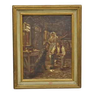Mid 20th Century Vintage German Country Gentlemen Woman and Dog Italian Framed Painting