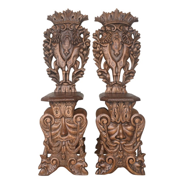Pair of 18th Century Italian Renaissance Lion Carved Walnut Sgabello Hall Chairs For Sale - Image 15 of 18