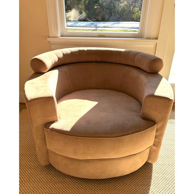 Wood Circular Swivel Chair in Camel Toned Suede For Sale - Image 7 of 16