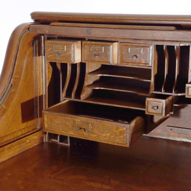 Wood Antique Derby Oak Raised Panel S-Roll Top Desk With Carved Pulls C1920 For Sale - Image 7 of 13
